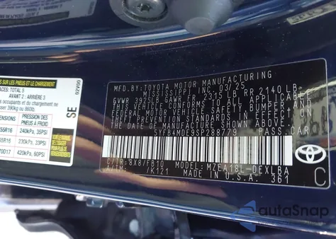 2025 Toyota Corolla Le z USA, uszkodzony, nr VIN 5YFB4MDE9SP288779